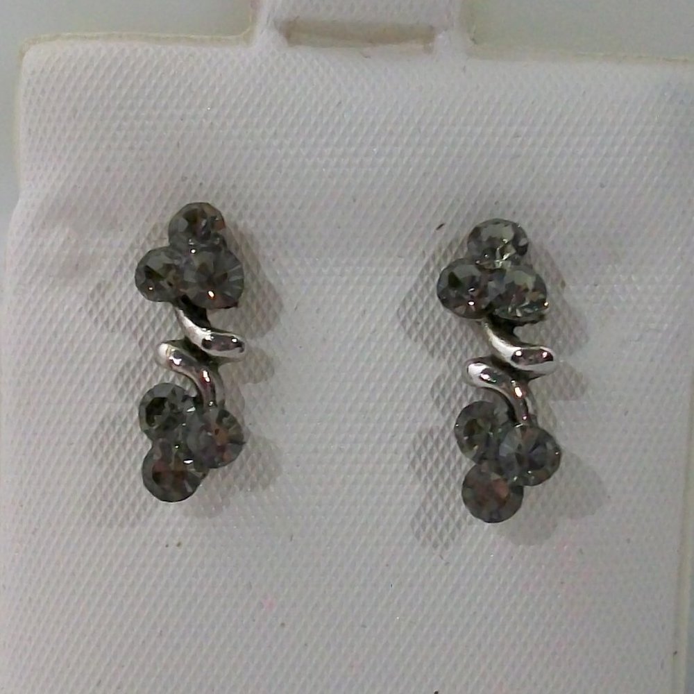Smoke Gray Clear Rhinestone Flower Blossoms Pierced Earrings